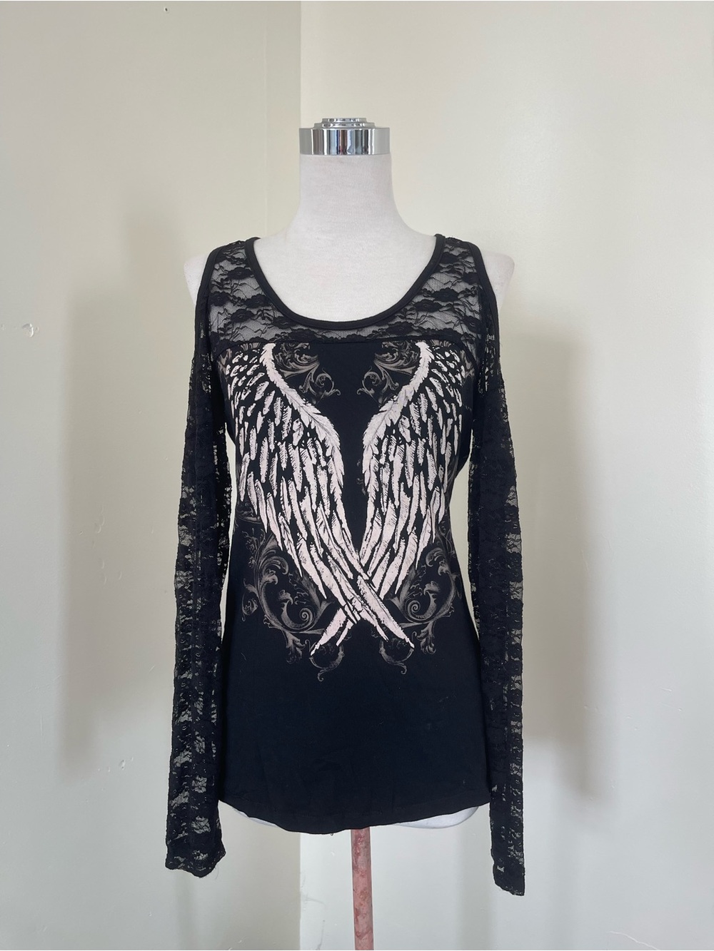 Black Lace Sleeve Wings Graphic cold shoulder Y2K Top - Women's